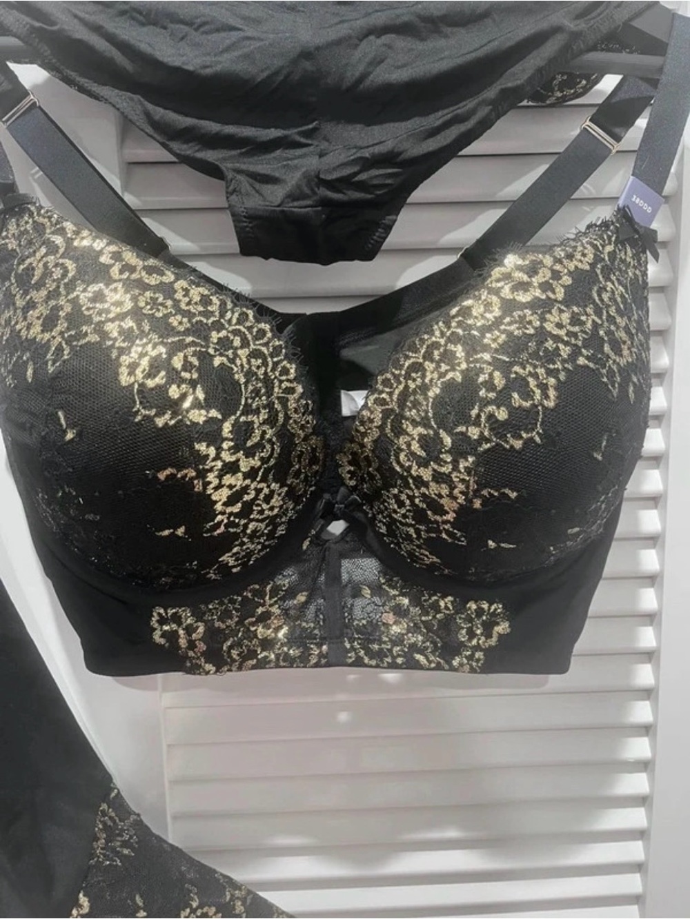 38DDD - Cacique Bra & Panty Set - Black Bra with Gold Lace Longline Design